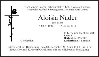Traueranzeige von Aloisia Nader von merkurtz