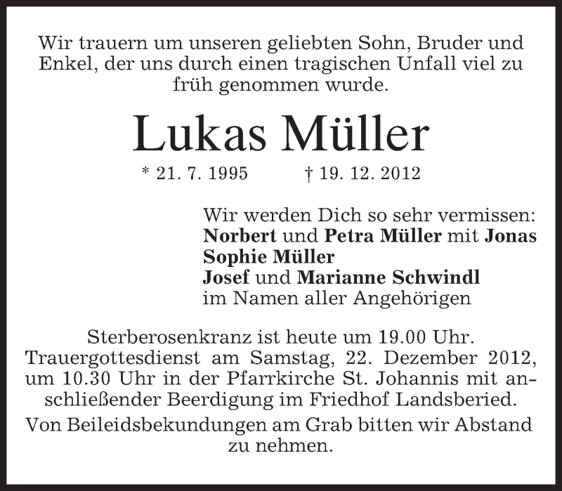  Traueranzeige für Lukas Müller vom 21.12.2012 aus merkurtz