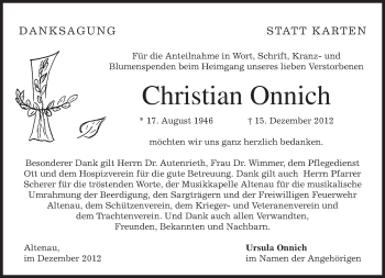 Traueranzeige von Christian Onnich von merkurtz