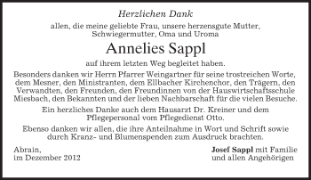 Traueranzeige von Annelies Sappl von merkurtz