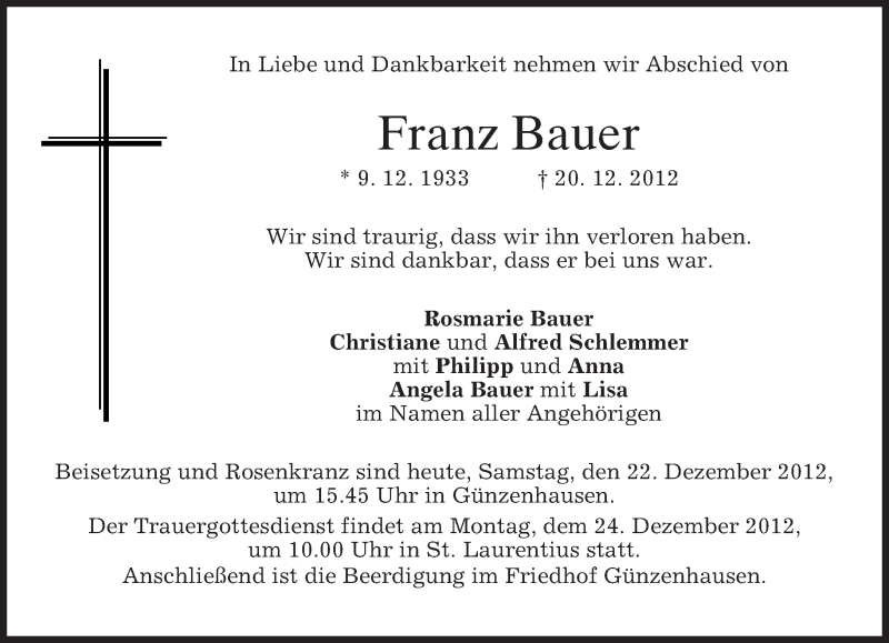  Traueranzeige für Franz Bauer vom 22.12.2012 aus merkurtz