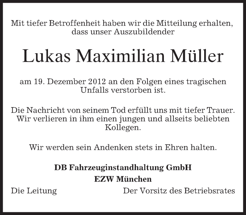 Traueranzeige für Lukas Müller vom 22.12.2012 aus merkurtz