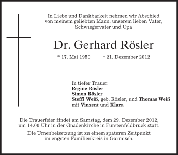 Traueranzeige von Gerhard Rösler von merkurtz