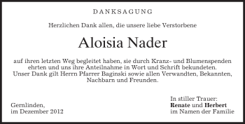 Traueranzeige von Aloisia Nader von merkurtz