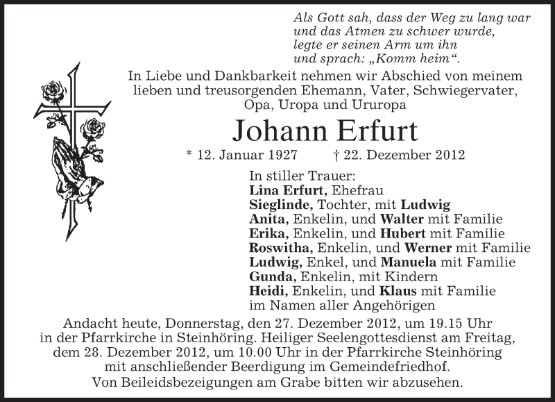  Traueranzeige für Johann Erfurt vom 27.12.2012 aus merkurtz