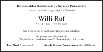 Traueranzeige von Willi Ruf von merkurtz