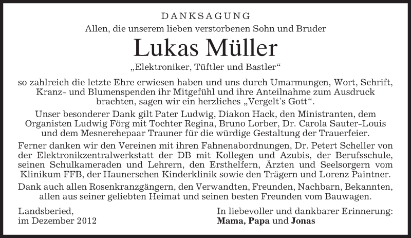  Traueranzeige für Lukas Müller vom 29.12.2012 aus merkurtz
