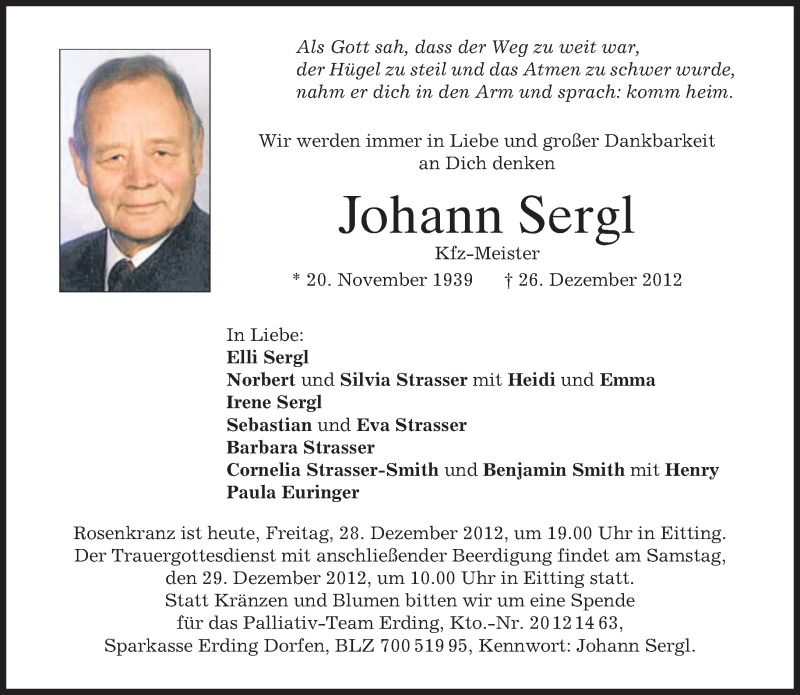  Traueranzeige für Johann Sergl vom 28.12.2012 aus merkurtz