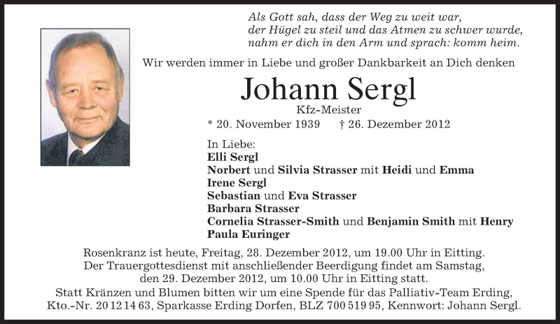  Traueranzeige für Johann Sergl vom 28.12.2012 aus merkurtz