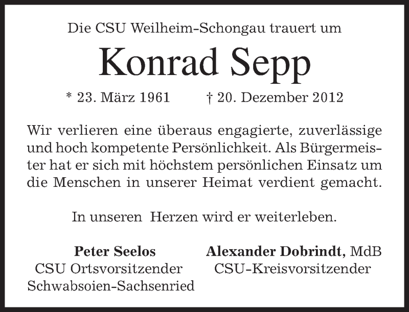  Traueranzeige für Konrad Sepp vom 29.12.2012 aus merkurtz