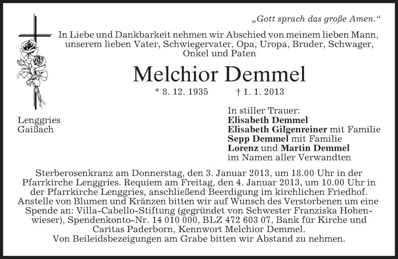  Traueranzeige für Melchior Demmel vom 02.01.2013 aus merkurtz