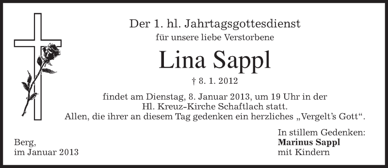  Traueranzeige für Lina Sappl vom 05.01.2013 aus merkurtz