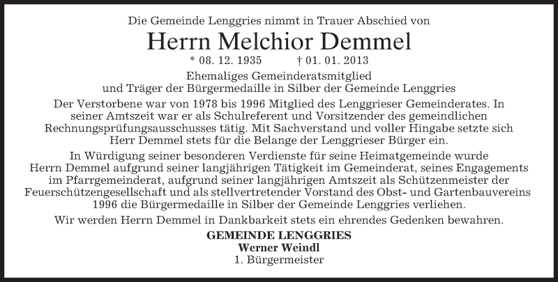  Traueranzeige für Melchior Demmel vom 03.01.2013 aus merkurtz