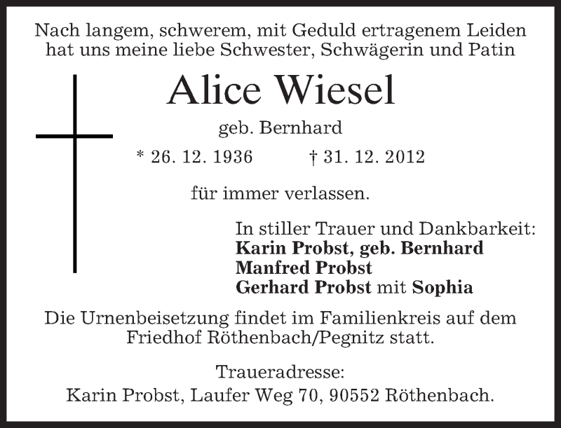  Traueranzeige für Alice Wiesel vom 05.01.2013 aus merkurtz