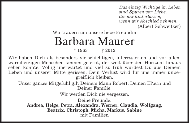  Traueranzeige für Barbara Maurer vom 04.01.2013 aus merkurtz