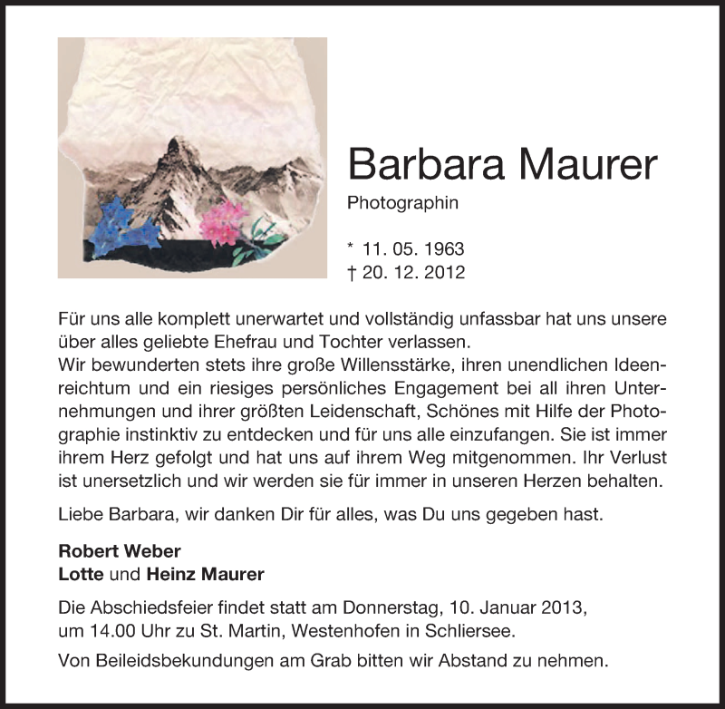  Traueranzeige für Barbara Maurer vom 04.01.2013 aus merkurtz