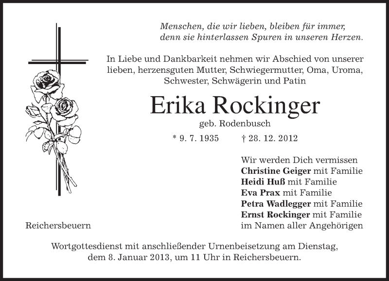  Traueranzeige für Erika Rockinger vom 05.01.2013 aus merkurtz