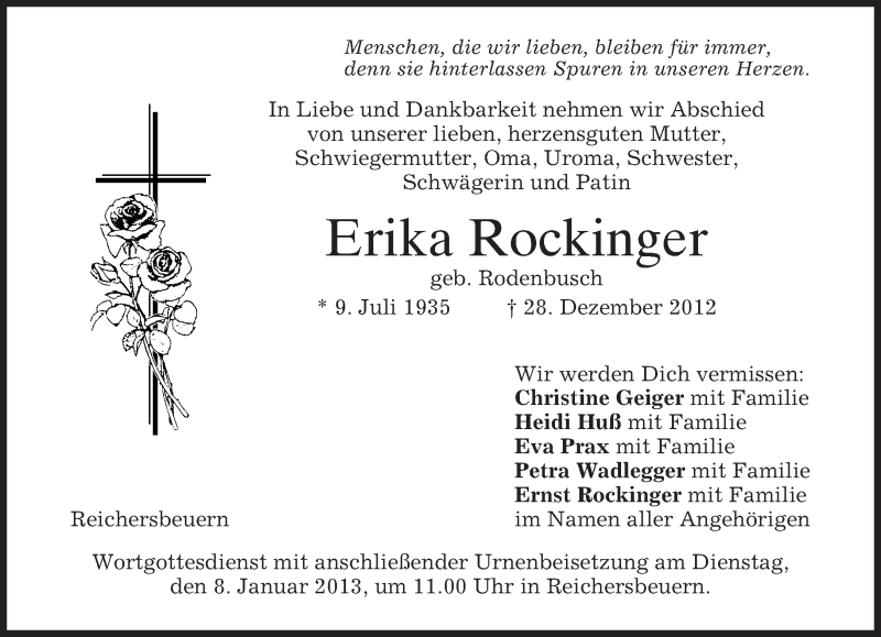  Traueranzeige für Erika Rockinger vom 07.01.2013 aus merkurtz
