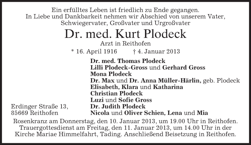  Traueranzeige für Kurt Plodeck vom 07.01.2013 aus merkurtz