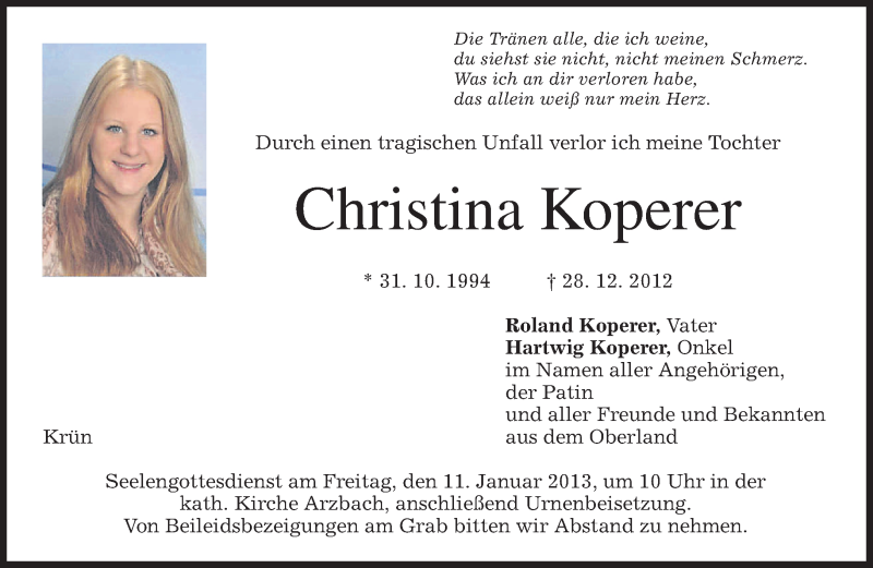  Traueranzeige für Christina Koperer vom 08.01.2013 aus merkurtz