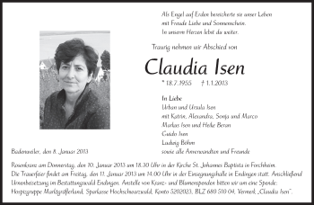 Traueranzeige von Claudia Isen von merkurtz