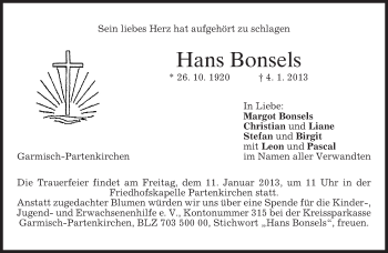 Traueranzeige von Hans Bonsels von merkurtz