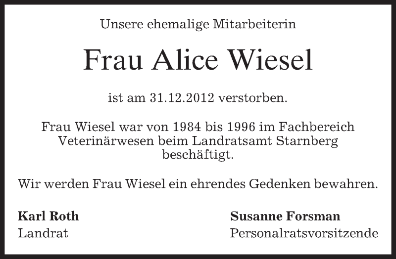  Traueranzeige für Alice Wiesel vom 10.01.2013 aus merkurtz