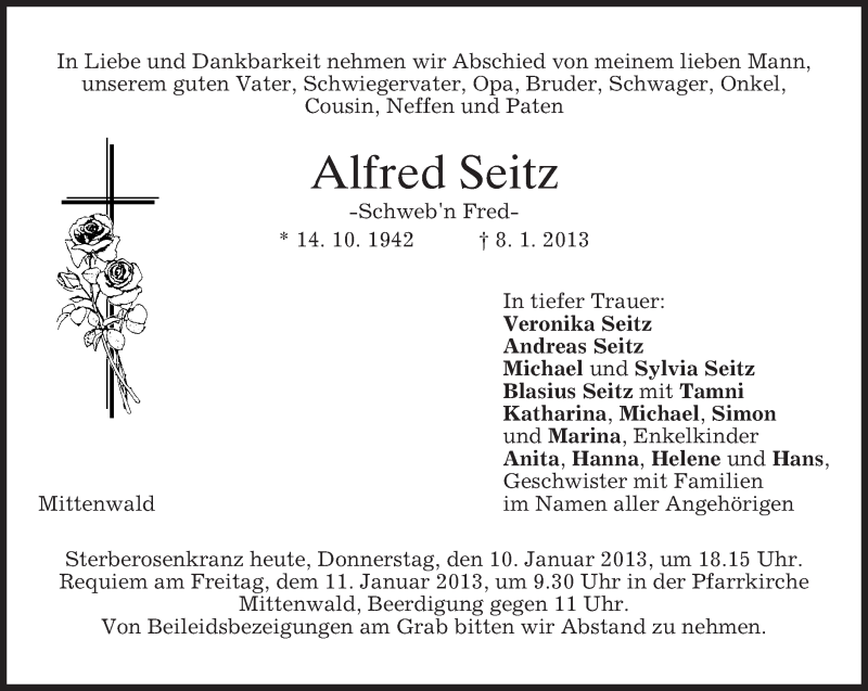  Traueranzeige für Alfred Seitz vom 10.01.2013 aus merkurtz