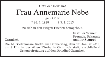 Traueranzeige von Annemarie Nebe von merkurtz