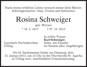 Traueranzeige von Rosina Schweiger von merkurtz