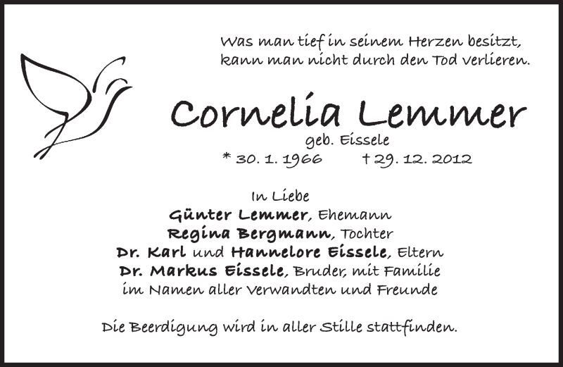  Traueranzeige für Cornelia Lemmer vom 12.01.2013 aus merkurtz
