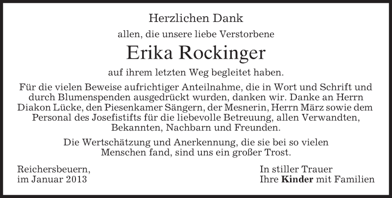  Traueranzeige für Erika Rockinger vom 12.01.2013 aus merkurtz