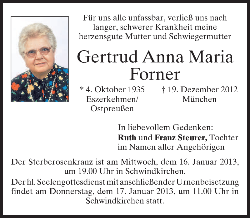  Traueranzeige für Gertrud Anna Maria Forner vom 15.01.2013 aus merkurtz