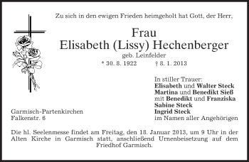 Traueranzeige von Elisabeth Hechenberger von merkurtz