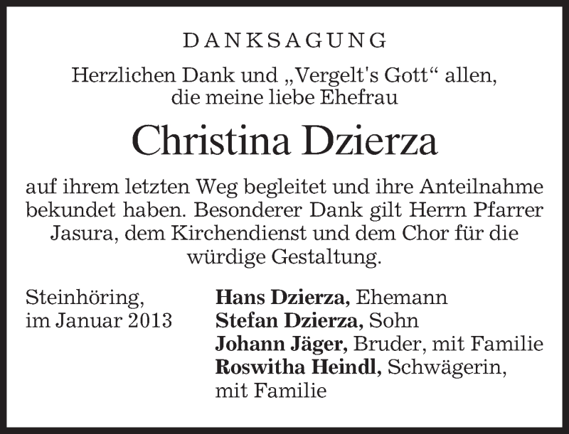  Traueranzeige für Christina Dzierza vom 19.01.2013 aus merkurtz