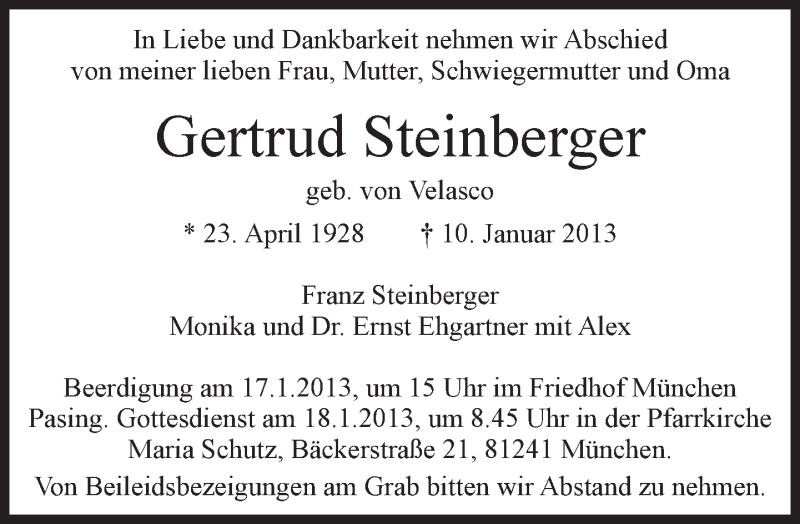  Traueranzeige für Gertrud Steinberger vom 15.01.2013 aus merkurtz