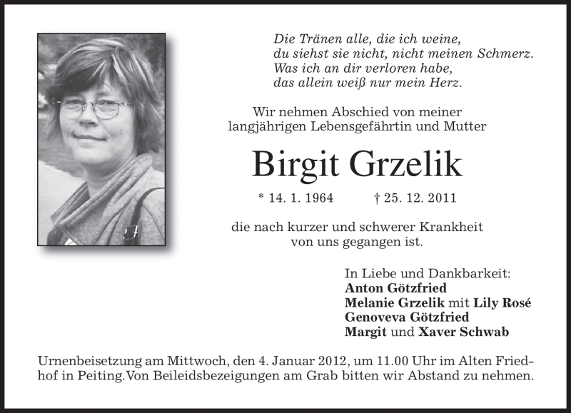 Traueranzeigen von Birgit Grzelik | trauer.merkur.de