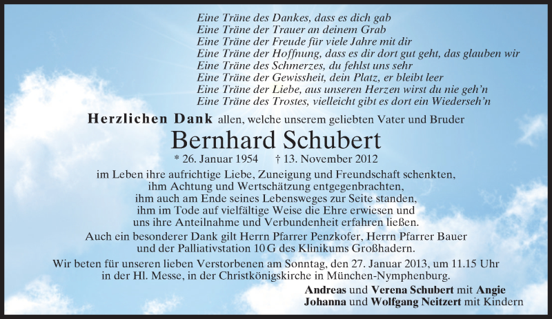  Traueranzeige für Bernhard Schubert vom 19.01.2013 aus merkurtz