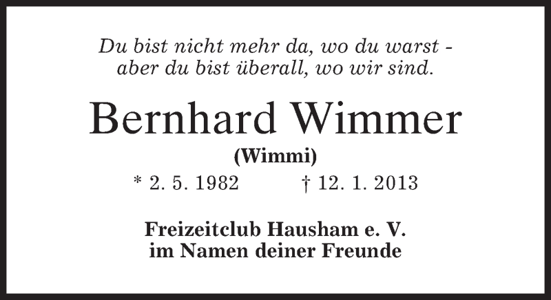  Traueranzeige für Bernhard Wimmer vom 19.01.2013 aus merkurtz