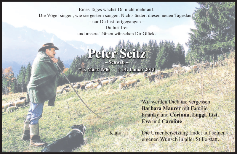  Traueranzeige für Peter Seitz vom 19.01.2013 aus merkurtz