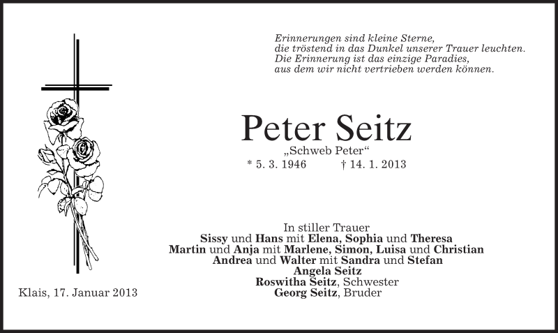  Traueranzeige für Peter Seitz vom 17.01.2013 aus merkurtz