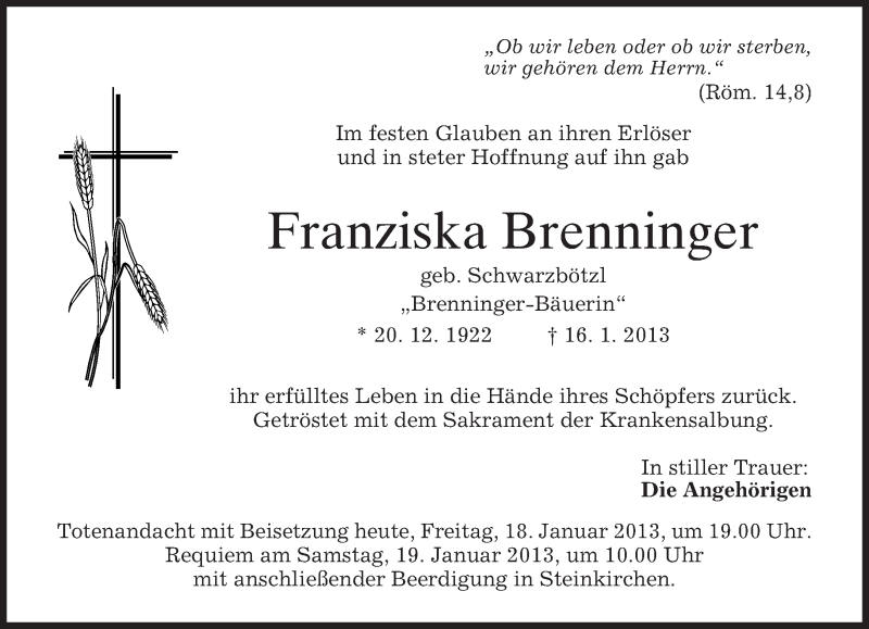  Traueranzeige für Franziska Brenninger vom 18.01.2013 aus merkurtz
