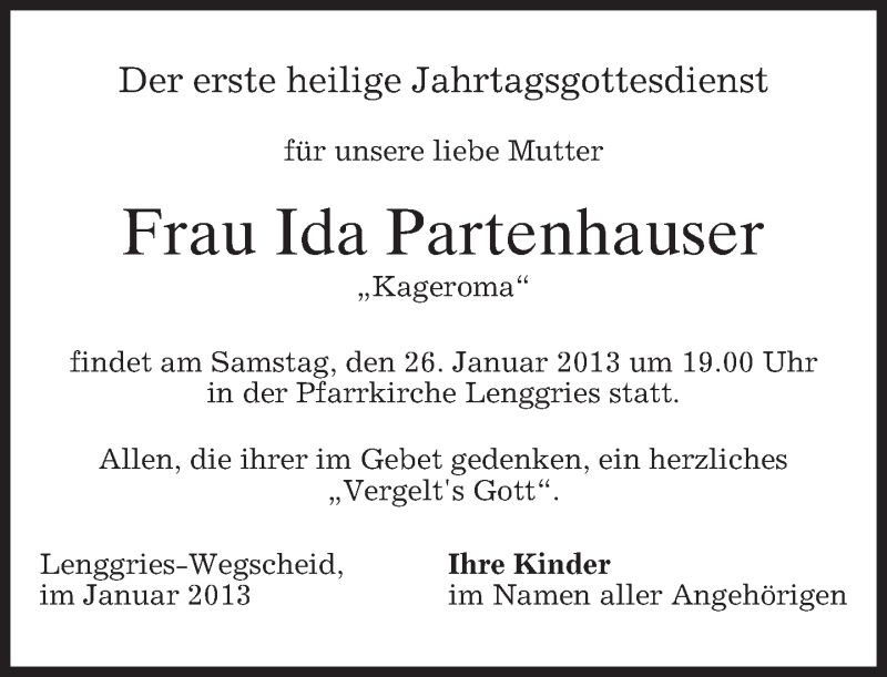  Traueranzeige für Ida Partenhauser vom 24.01.2013 aus merkurtz