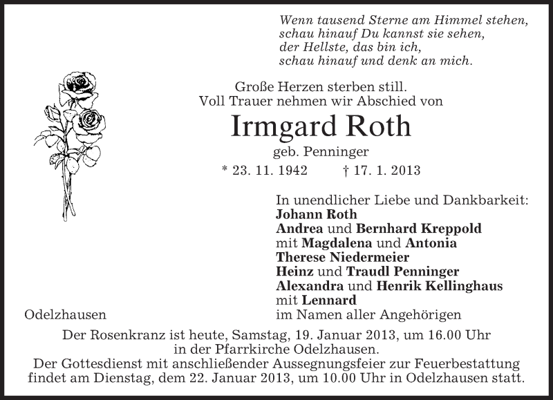  Traueranzeige für Irmgard Roth vom 19.01.2013 aus merkurtz
