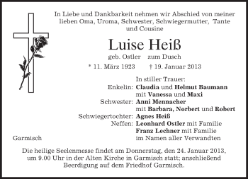 Traueranzeige von Luise Heiß von merkurtz