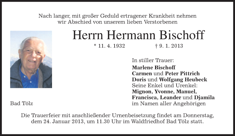  Traueranzeige für Hermann Bischoff vom 22.01.2013 aus merkurtz