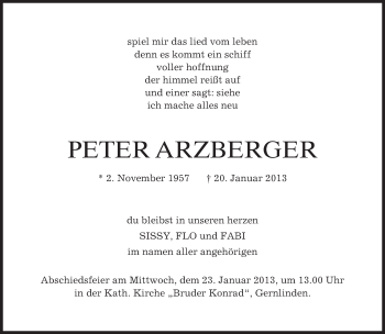 Traueranzeige von Peter Arzberger von merkurtz
