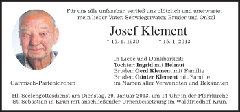 Traueranzeige von Josef Klement von merkurtz