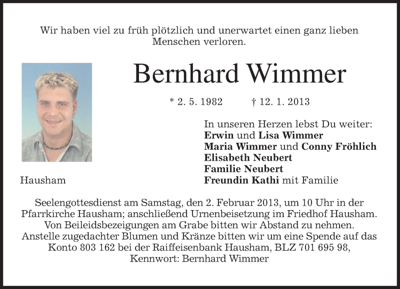  Traueranzeige für Bernhard Wimmer vom 30.01.2013 aus merkurtz
