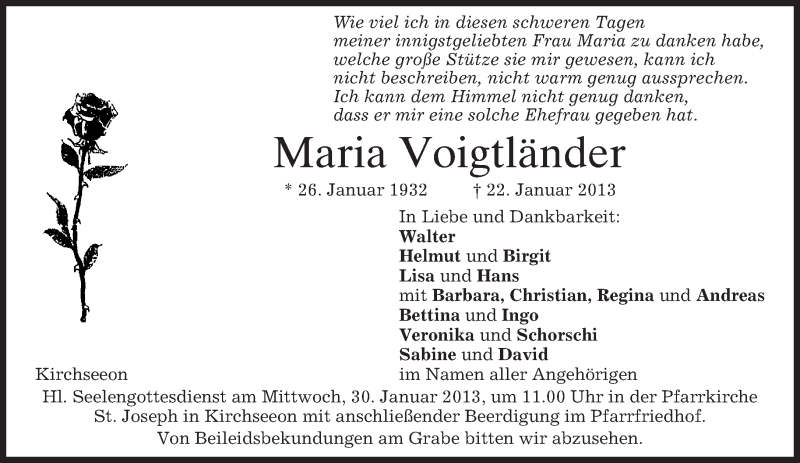  Traueranzeige für Maria Voigtländer vom 24.01.2013 aus merkurtz